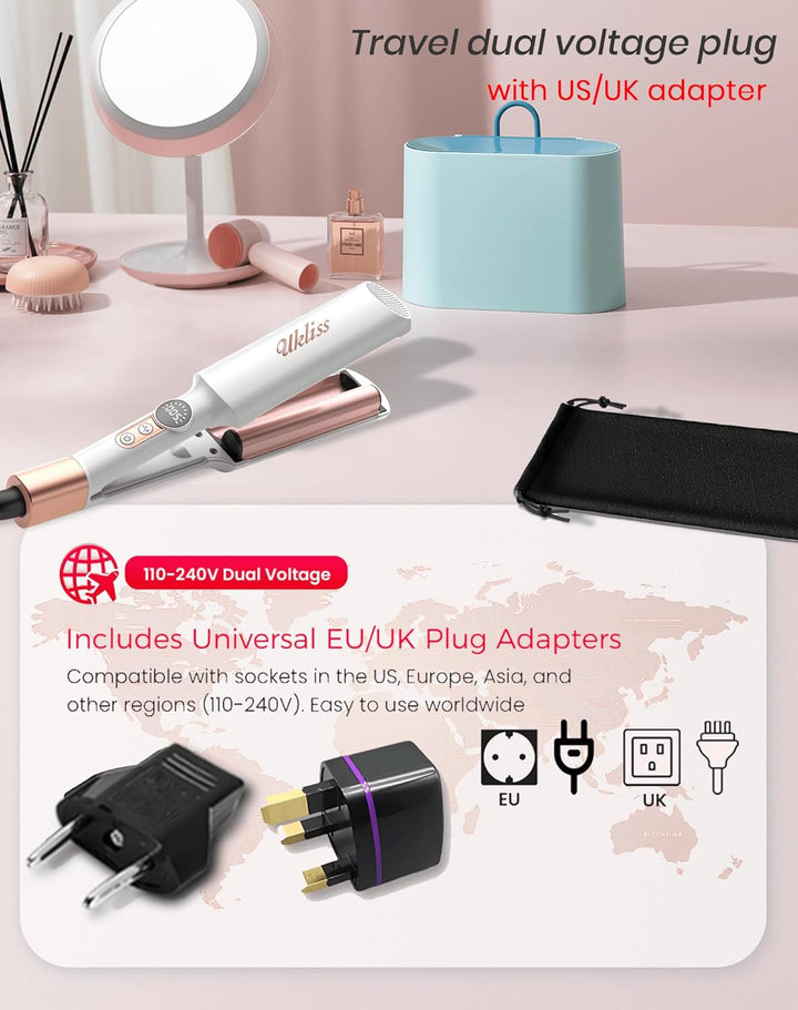 UKLISS Welleneisen - Pro Mini Welleneisen für Haare mit 2 Reiseadaptern, LCD-Anzeige [120-210℃] Beac