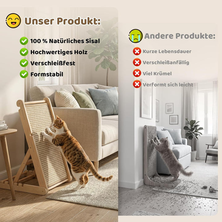 X XBEN Holz Kratzbrett Katze, 60CM Klappbares Katzenkratzbrett mit 5 Einstellbaren Höhen, Natürliche