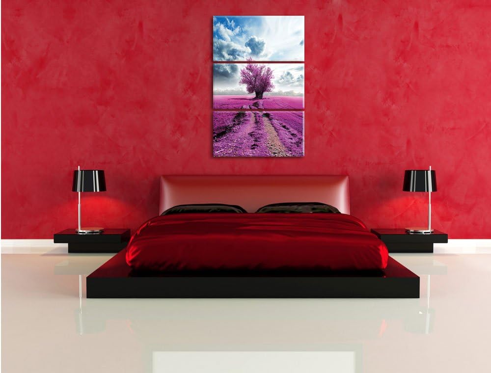 Pixxprint Pinkes Feld mit pinkem Baum 3-Teiler Leinwandbild 120x80 Bild auf Leinwand