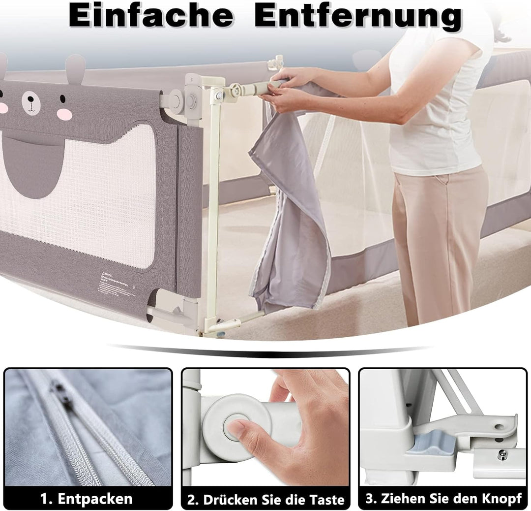 Froadp Rausfallschutz Baby Bettgitter 200cm Schutzgeländer, Höhenverstellbar Kinderbettgitter mit Do