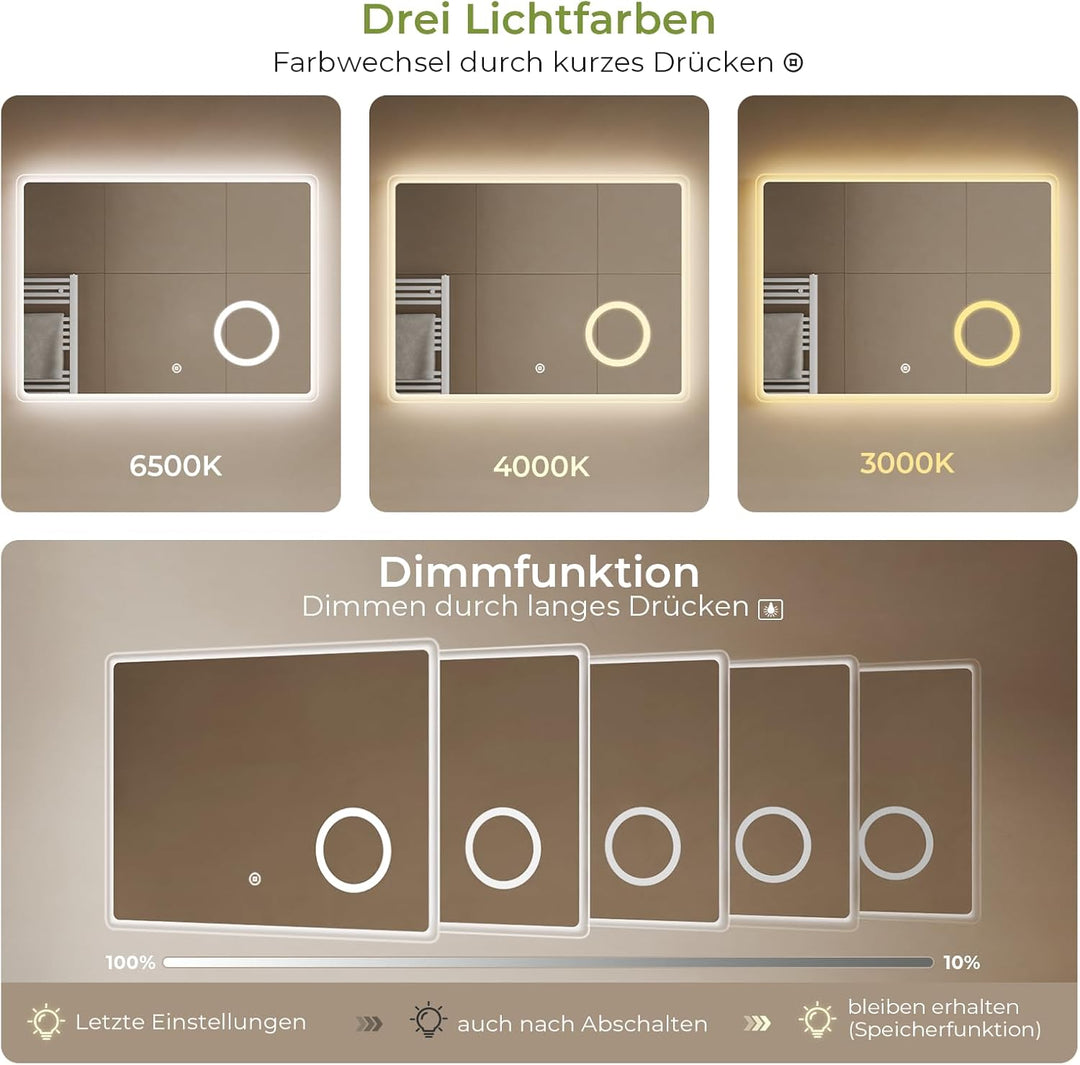 S'AFIELINA Badspiegel mit Beleuchtung 60 × 80 × 3,5 cm Badezimmerspiegel mit Beleuchtung mit Touch,