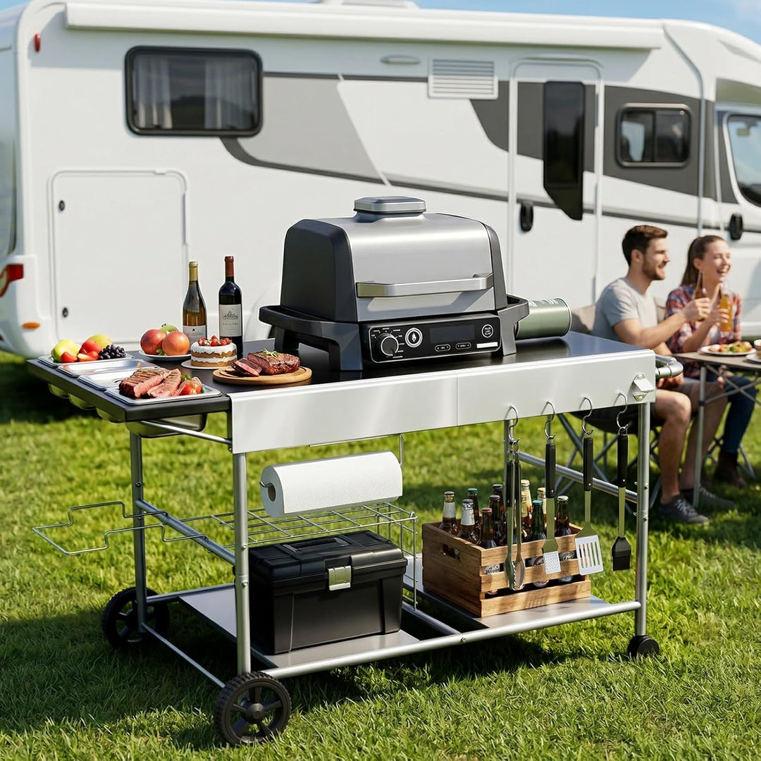 Denmay 128 x 66 x 78cm Grillwagen für Weber Q Serie, Ninja Woodfire, Pizzaofen, Tischgrill, Pizzaofe