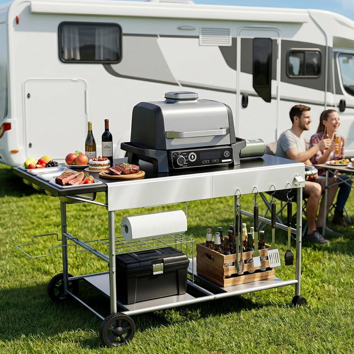 Denmay 128 x 66 x 78cm Grillwagen für Weber Q Serie, Ninja Woodfire, Pizzaofen, Tischgrill, Pizzaofe