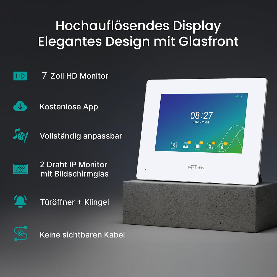 Mathfel 2-Draht IP Video-Türsprechanlage mit Türöffner und 2 Jahren Garantie - Full-HD Kamera, 7" Mo