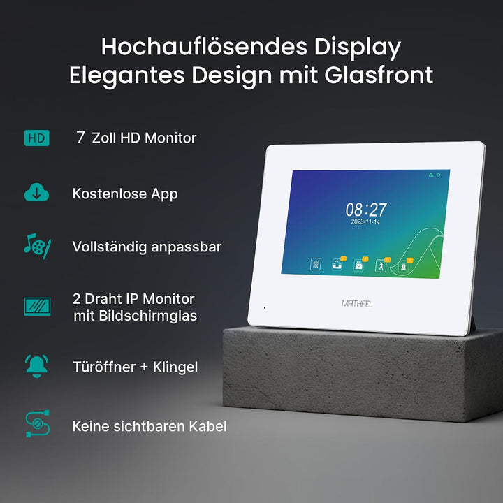 Mathfel 2-Draht IP Video-Türsprechanlage mit Türöffner und 2 Jahren Garantie - Full-HD Kamera, 7" Mo