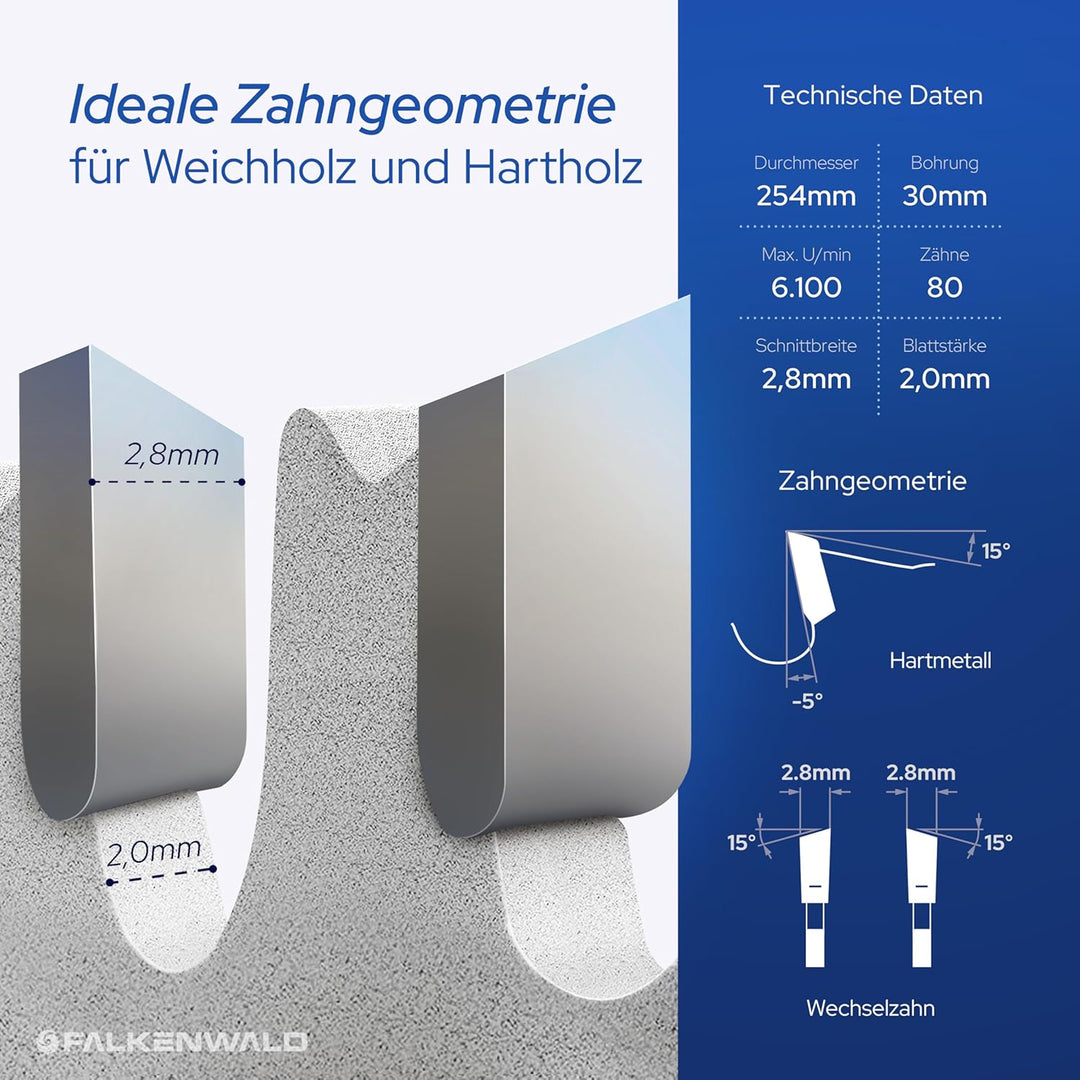 FALKENWALD ® Sägeblatt 254x30 Holz Precision - 254x30 Kreissägeblatt mit 80 HM Zähnen - Kompatibel m