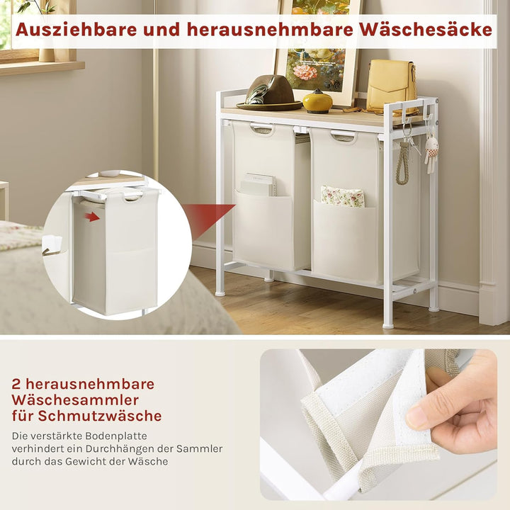 WOLTU Wäschekorb 2 Fächer, jedes 40 L, Wäschesammler mit Ablage Metallrahmen, Oxford-Stoff-Wäschesac