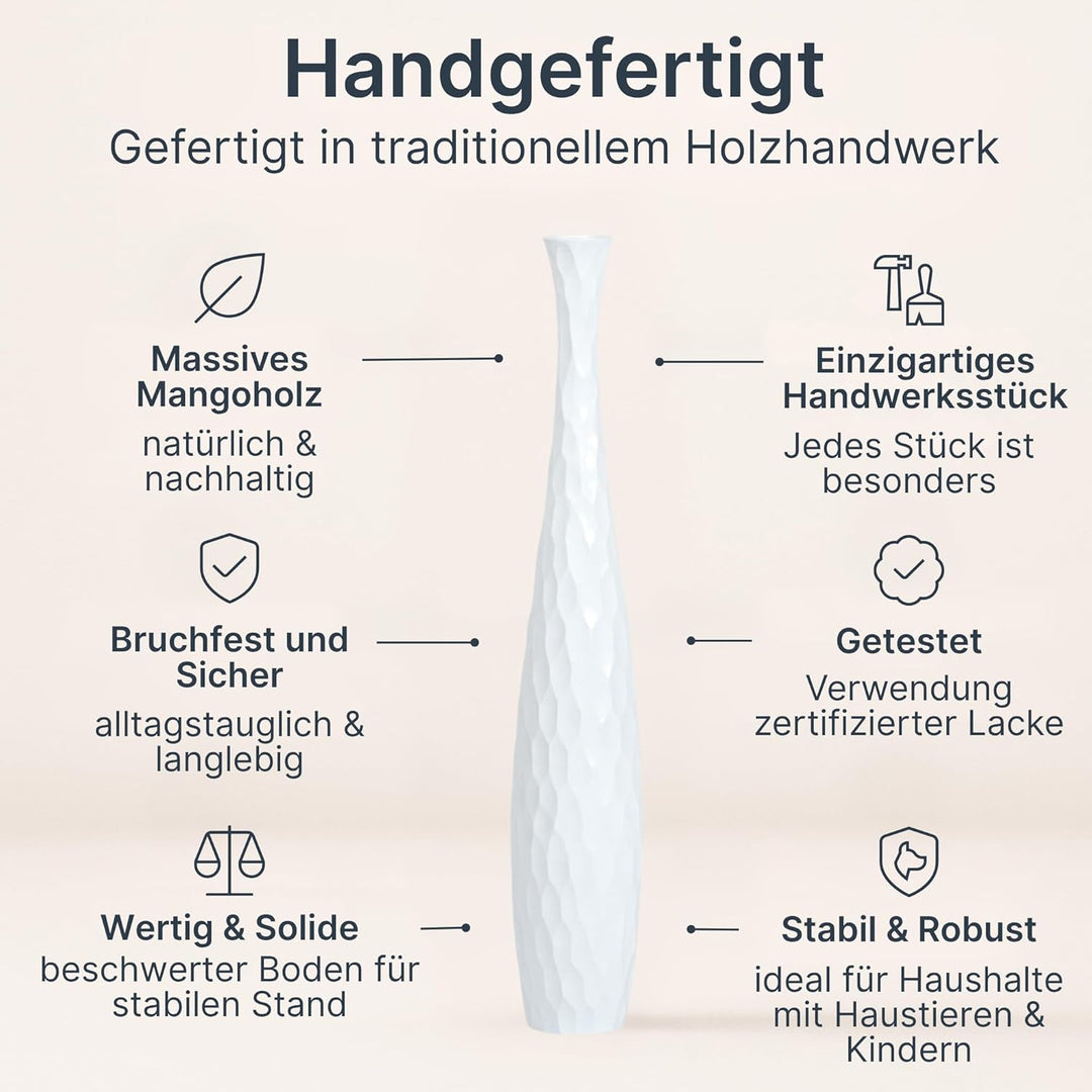 Leewadee Grosse Bodenvase für Dekozweige hohe Standvase Design Holzvase, Holz, 70 cm, Weiss 70 cm We