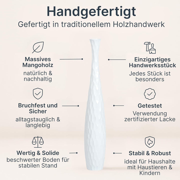 Leewadee Grosse Bodenvase für Dekozweige hohe Standvase Design Holzvase, Holz, 70 cm, Weiss 70 cm We