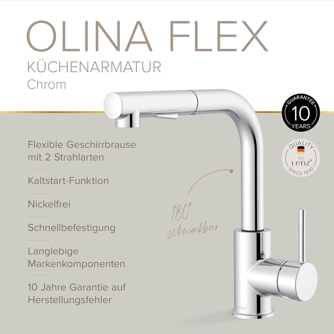 Lenz Küchenarmatur OLINA FLEX in Chrom – Herausziehbare Geschirrbrause | 2 Strahlarten, Kaltstart-Fu