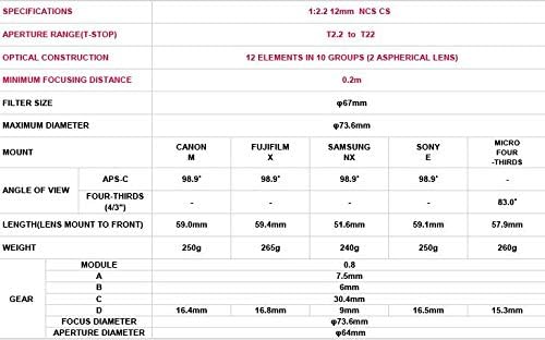 Samyang 12/2,2 Objektiv Video APS-C Sony E manueller Fokus Videoobjektiv 0,8 Zahnkranz Gear, Weitwin