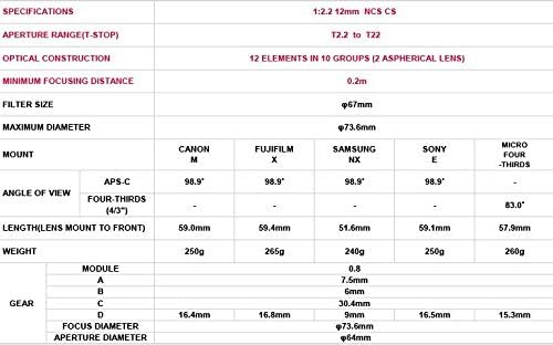 SAMYANG 14012T2.2F 12 mm T2.2 Cine NCS CS Objektiv für Anschluss Fuji X schwarz, Fuji X