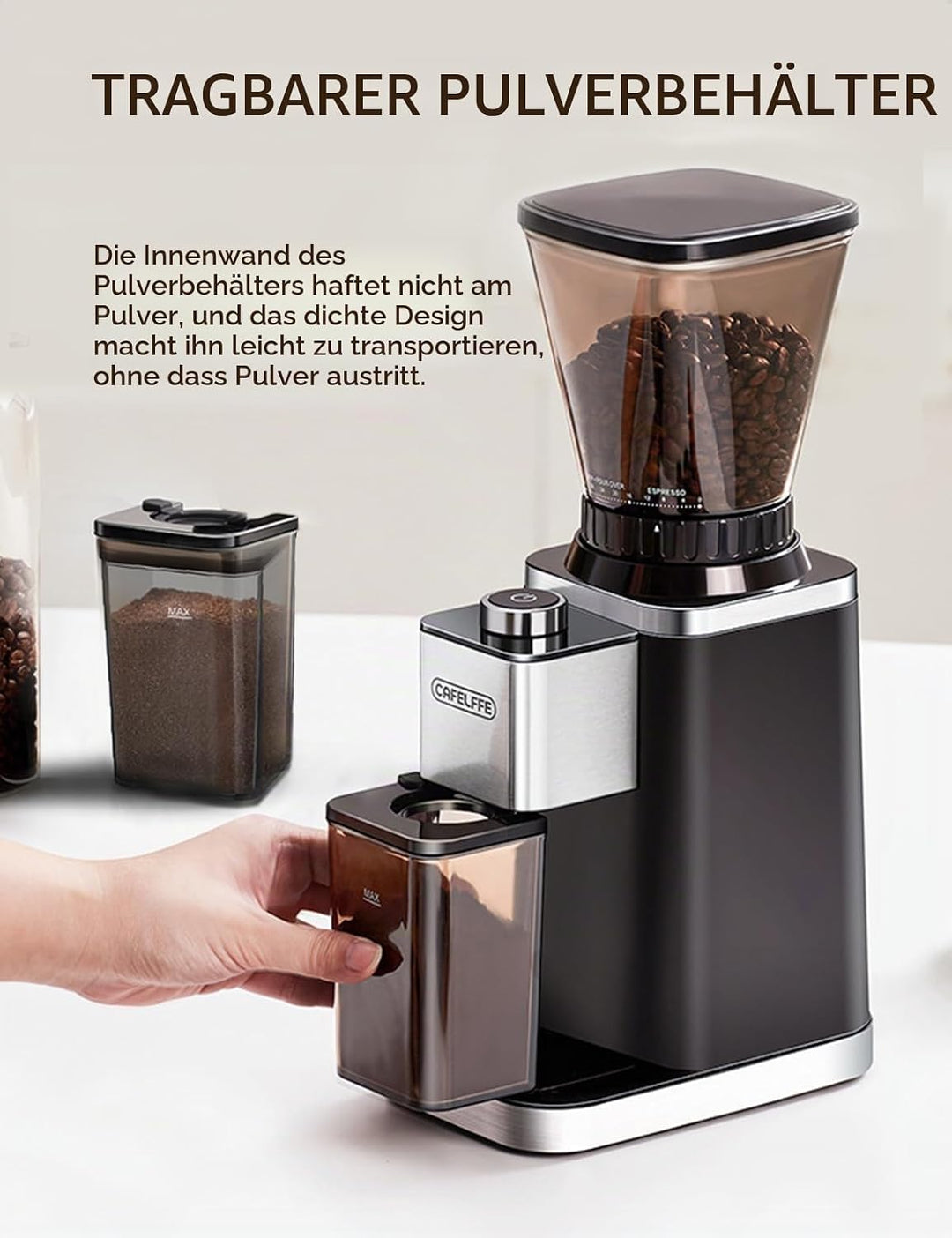 CAFELFFE Elektrische Kaffeemühle für Siebträger und Behälter, 48 einstellbare Mahlstufen mit Antista