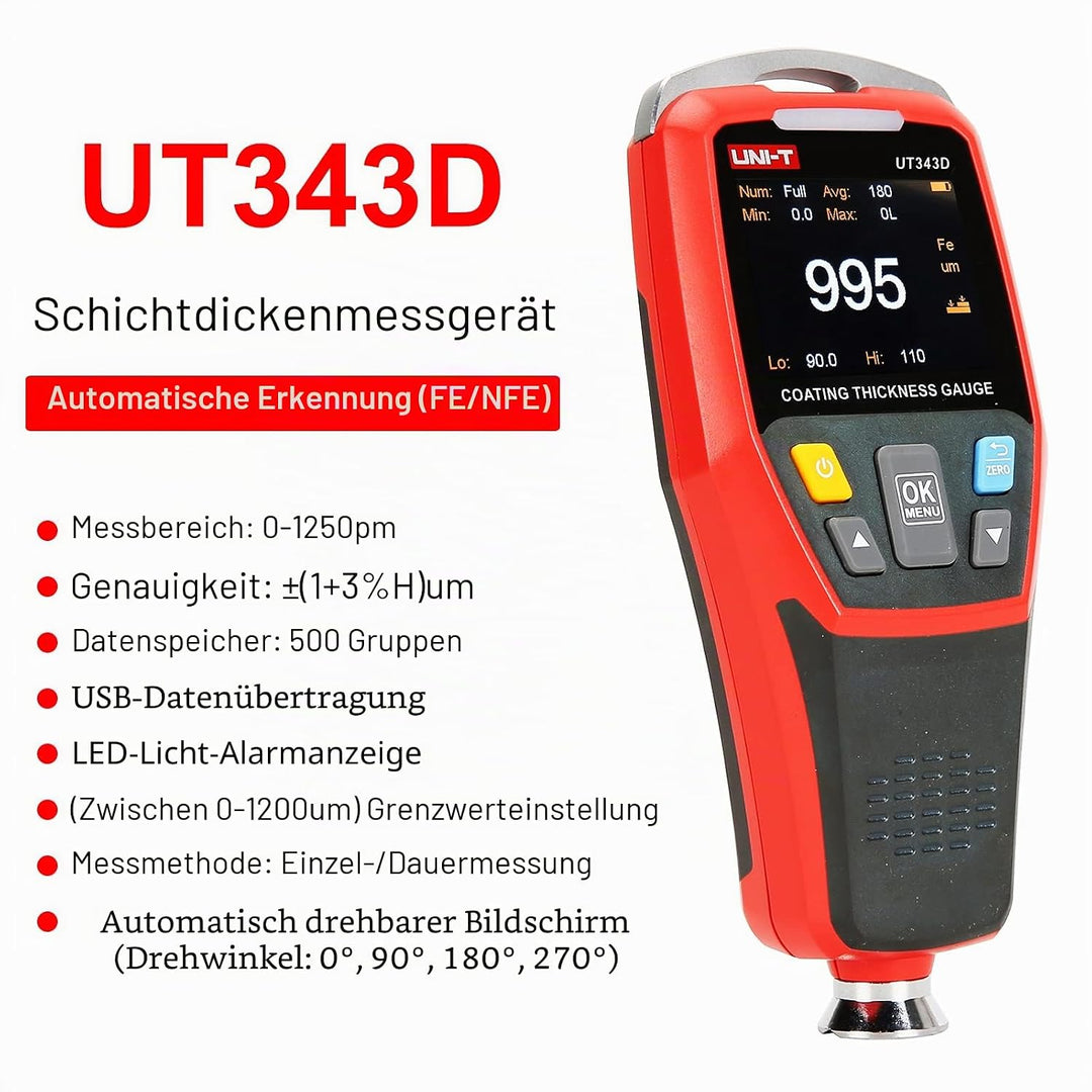 UNI-T UT343D Digitales Schichtdickenmessgerät Messgerät Messbereich 0 bis 1250 um mit USB-Datenfunkt
