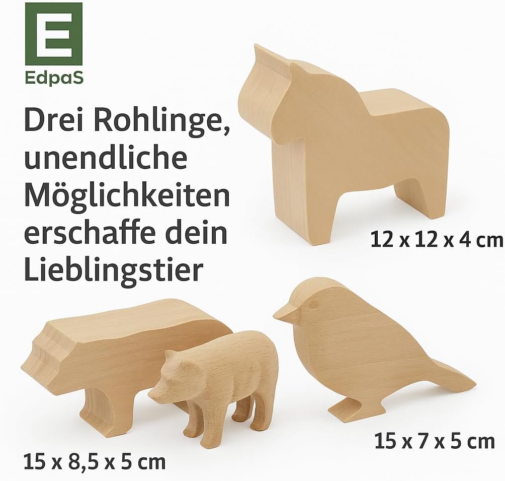 EdpaS Schnitzrohlinge gross aus Lindenholz Tierfiguren Bär Spatz und Dala Pferd - Schnitzholz, Holzr