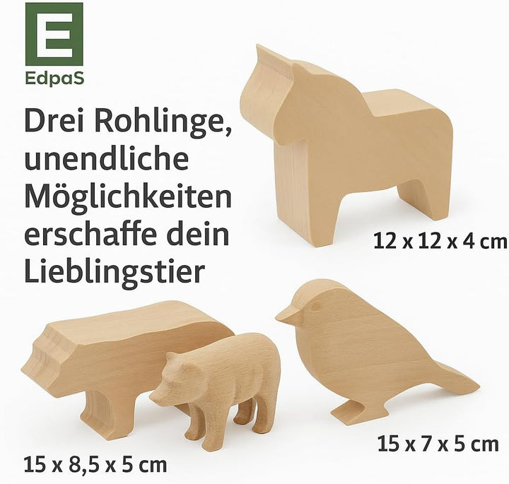 EdpaS Schnitzrohlinge gross aus Lindenholz Tierfiguren Bär Spatz und Dala Pferd - Schnitzholz, Holzr