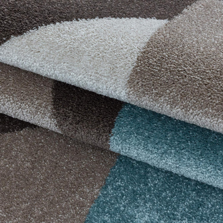 Modern Designer Kurzflor Teppich, Geometrische Karo Design, Läufer Teppich, Braun - Beige - Blau Far