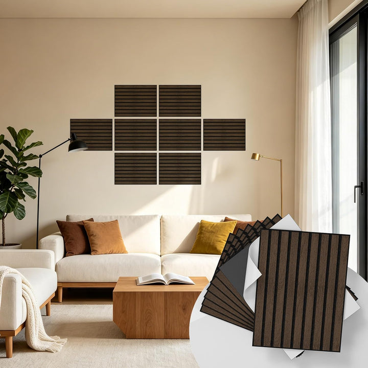 WADILE Selbstklebende Holz-Lamellen Wandpaneele 30×40 cm, PVC Akustikpaneele Schallabsorbierend für