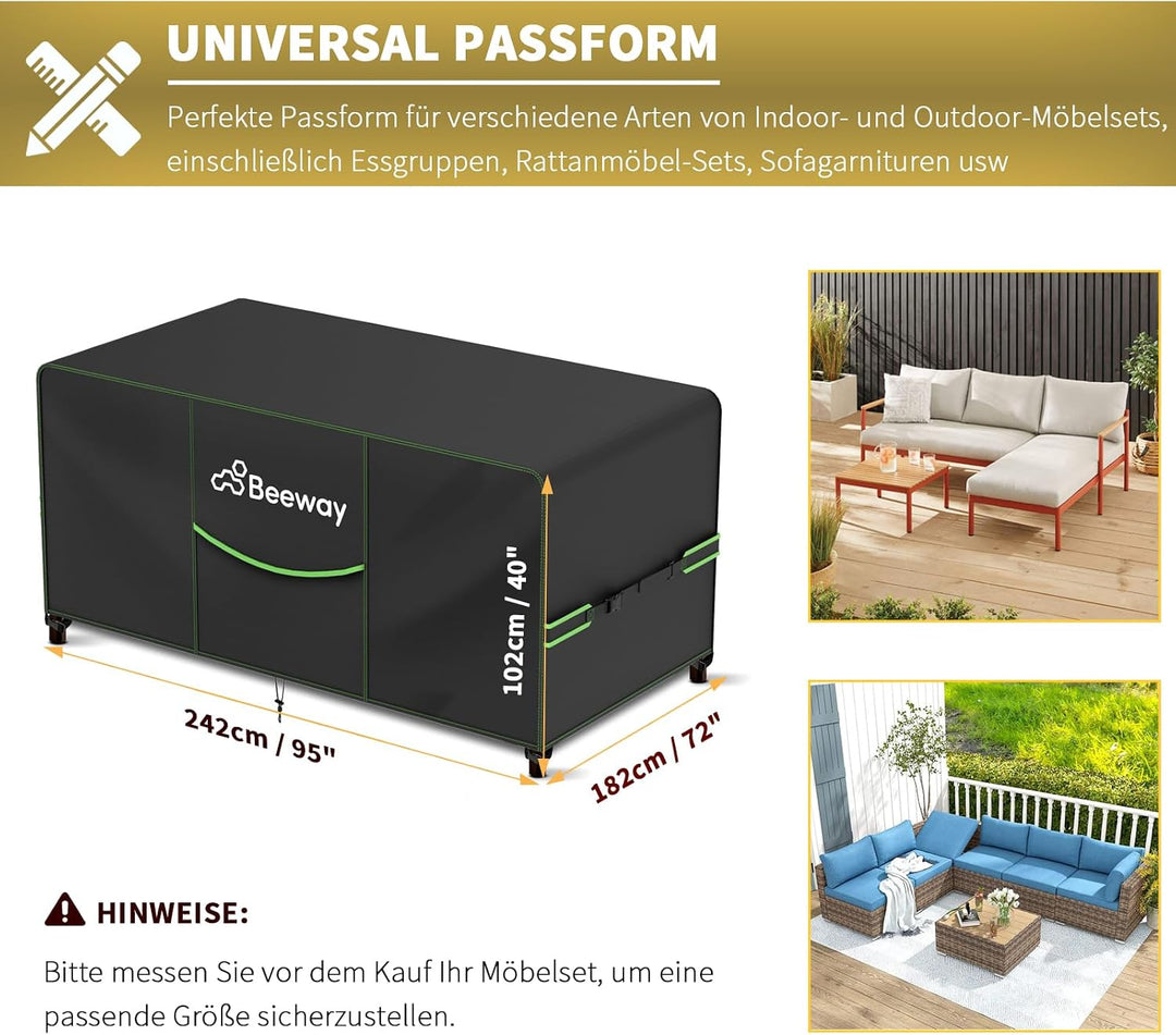 BEEWAY Gartenmöbel Abdeckung Wasserdicht V2.0 242x182x102cm, Schutzhülle Abdeckplane für Gartentisch