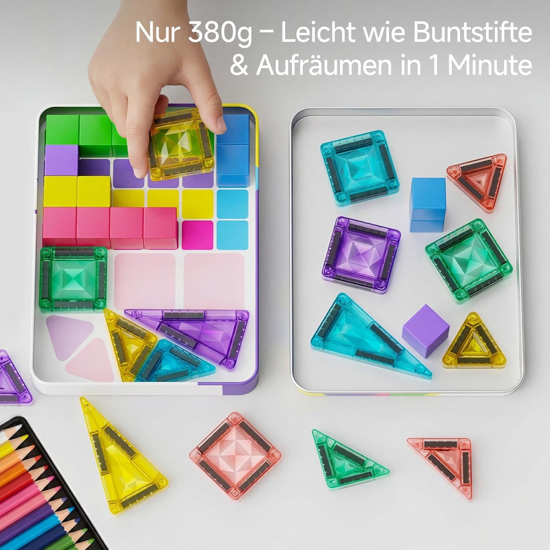 burgkidz Magnetbausteine und Magnetfliesen Reise-Set 48 Teile, 3-in-1-3,75 cm Magnetfliesen & 1,875