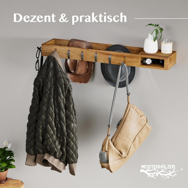 Wandgarderobe Holz – 4in1 Garderobe mit Ablage, Kleiderstangen, Kleiderhaken & Brillenhalter – 100cm