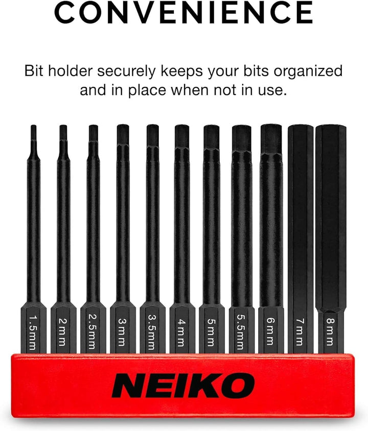 Neiko 01148A Sechskant-Bit-Set, 11-teilig, metrische GröÃŸen, 1,5 mm bis 8 mm, magnetische Sechskant