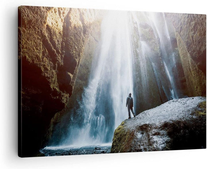 Bilder auf Leinwand Berg Wasserfall Leinwandbild mit Rahmen 70x50cm Wandbilder Dekoration Wohnzimmer