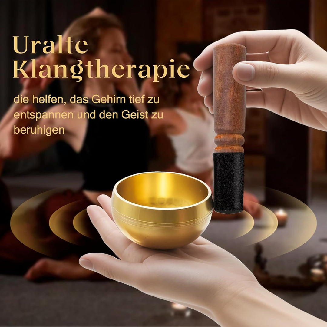 Tibetische Klangschalen-Set, Handgefertigte Schale mit Holzschlägel und Kissen, 8 cm Klangschale für