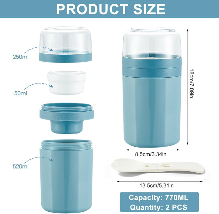 Bocguy 2 Stück Müslibecher To Go, 770ML Joghurt To Go Becher, PP-Material Porridge Becher Tragbar, 3