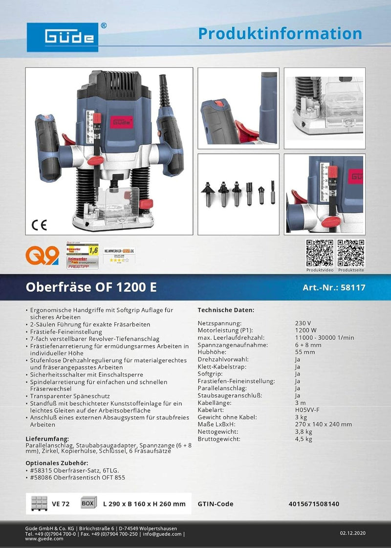 Güde Oberfräse OF 1200 E (1200 W, Hubhöhe: 55 mm, 7-fach einstellbarer Tiefenanschlag, Spannzangenau