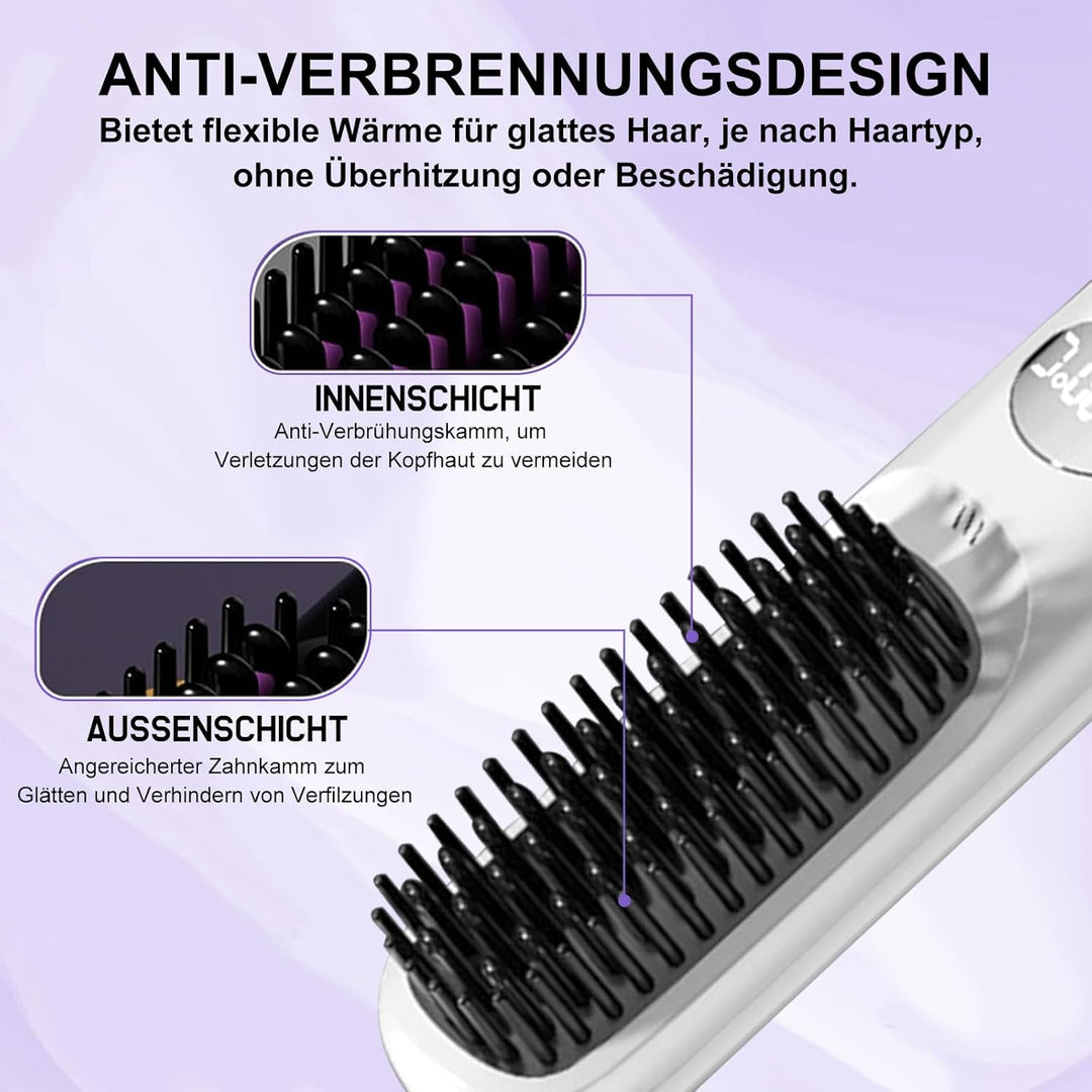 Kabellose Haarglätter Bürste - 3 Temperaturstufen, professionelle Keramikbeschichtung, Ionentechnolo
