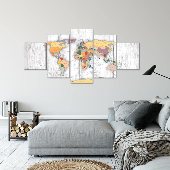 Runa Art - Bilder Weltkarte Holz 200 x 100 cm 5 Teilig XXL Wanddekoration Design Weiss 108751c 200 x