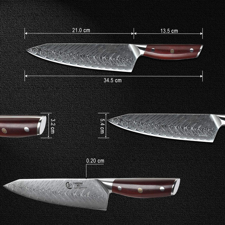 YARENH Küchenmesser Damastmesser 20cm,Messer Küche Aus 67 Schichten Damaststahl,Super Scharf,Dalberg