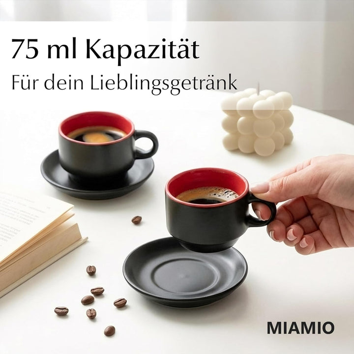 MIAMIO - 6 x 75 ml Espressotassen Set/Espresso Tassen Set mit Untertasse & Ständer - Kaffeetassen Se
