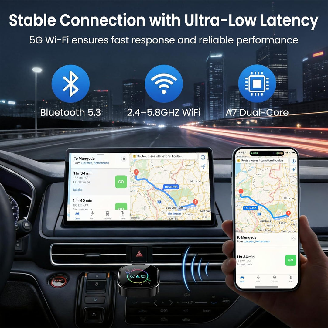 ELECROW Kabelloser CarPlay-Adapter für iPhone & Android – 3-in-1 Dualband-WiFi 2,4G/5G & Bluetooth 4