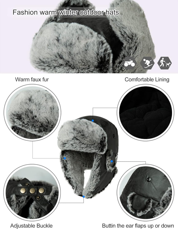 Comhats Winter Trapper-Hut Kunstleder Aviator Pilotenmütze Herren Damen Warm Gefütterte Kunstpelz-Hu