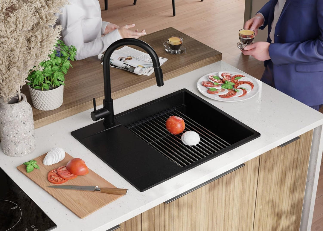 PRIMAGRAN Spülbecken Schwarz 62x50cm, Granitspüle 1 Becken + Ablauf-Set, Küchenspüle ab 50er Untersc