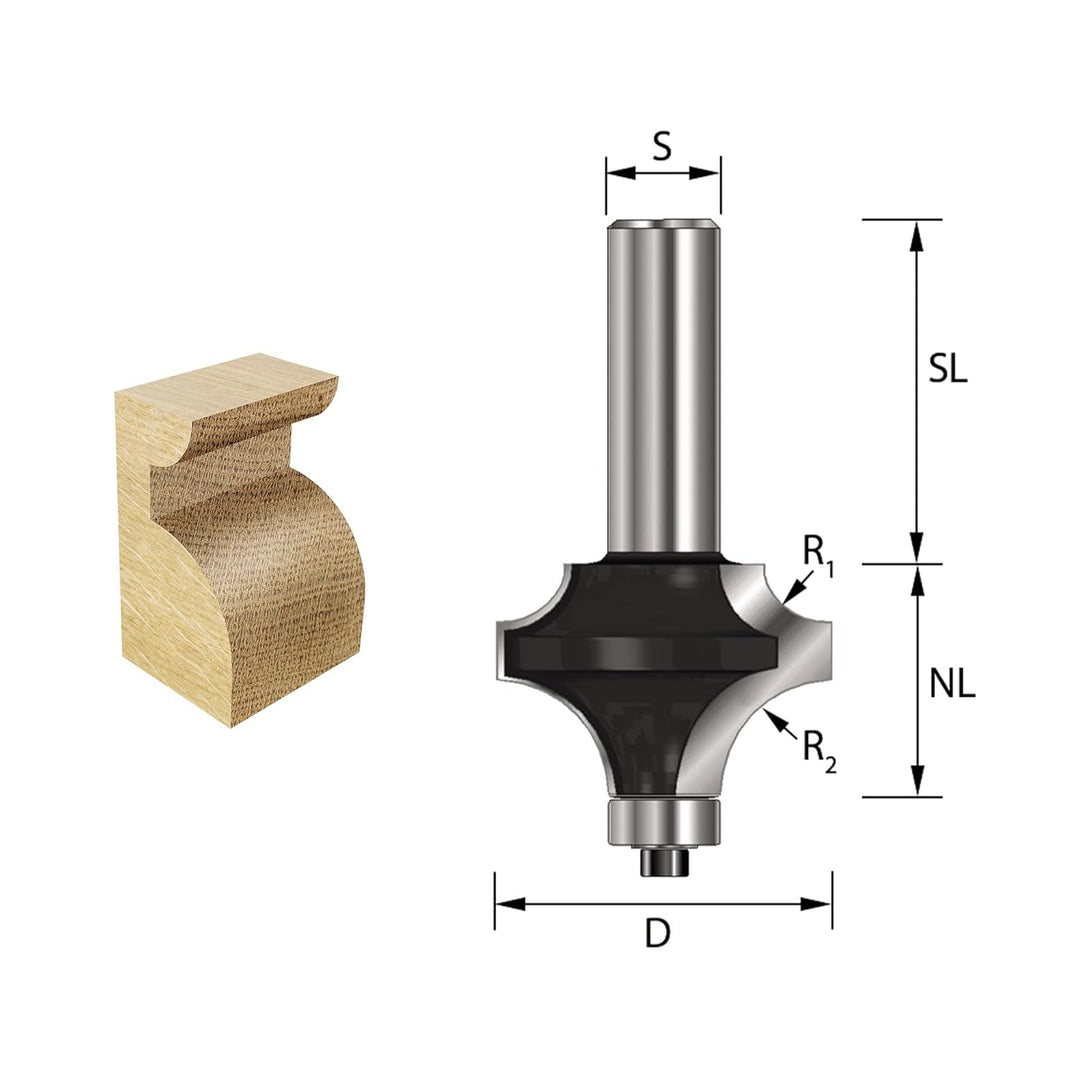 ENT 14560 Duo-Radienfräser HW, Schaft (S) 8 mm, Durchmesser (D) 38,1 mm, NL 25,4 mm, R1 6,35 mm, R2