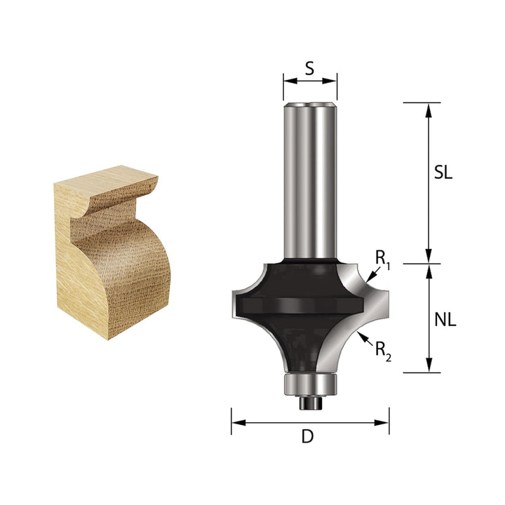 ENT 14560 Duo-Radienfräser HW, Schaft (S) 8 mm, Durchmesser (D) 38,1 mm, NL 25,4 mm, R1 6,35 mm, R2