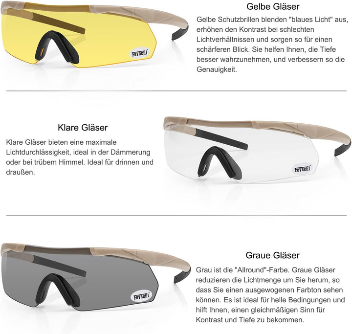 Feyachi Schiessbrille mit 3 Austauschbaren Gläsern, Schutzbrille Schlagfester Augenschutz, UV-400-S