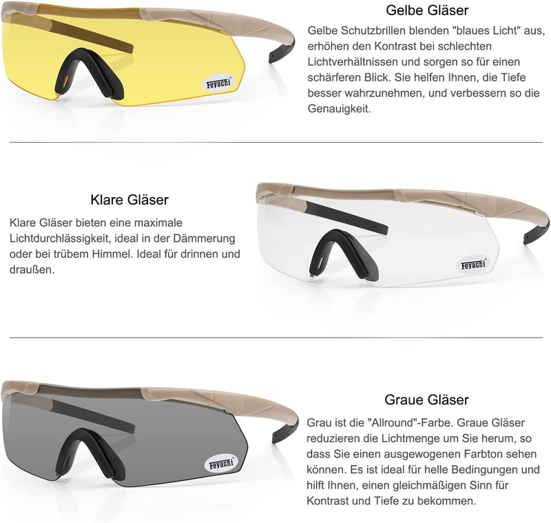 Feyachi Schiessbrille mit 3 Austauschbaren Gläsern, Schutzbrille Schlagfester Augenschutz, UV-400-S