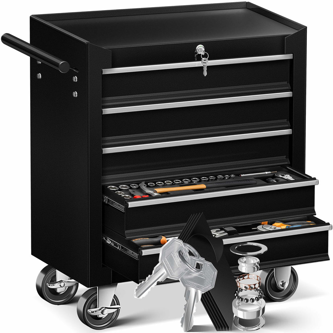 Masko® Werkstattwagen - 5 Schubladen, schwarz ✓ Abschliessbar ✓ Massives Metall | Mobiler Werkzeug-W
