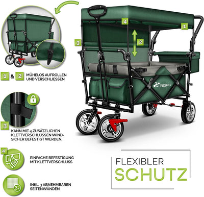 TRESKO® Bollerwagen faltbar mit Dach | Handwagen mit 2x3-Punkt Gurtsystem | Gartenwagen klappbar bis