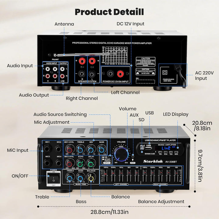 HiFi Verstärker Stereo Bluetooth Verstärker mit Fernbedienung, 2 Kanal Endstufe mit 5-Band-EQ, HiFi