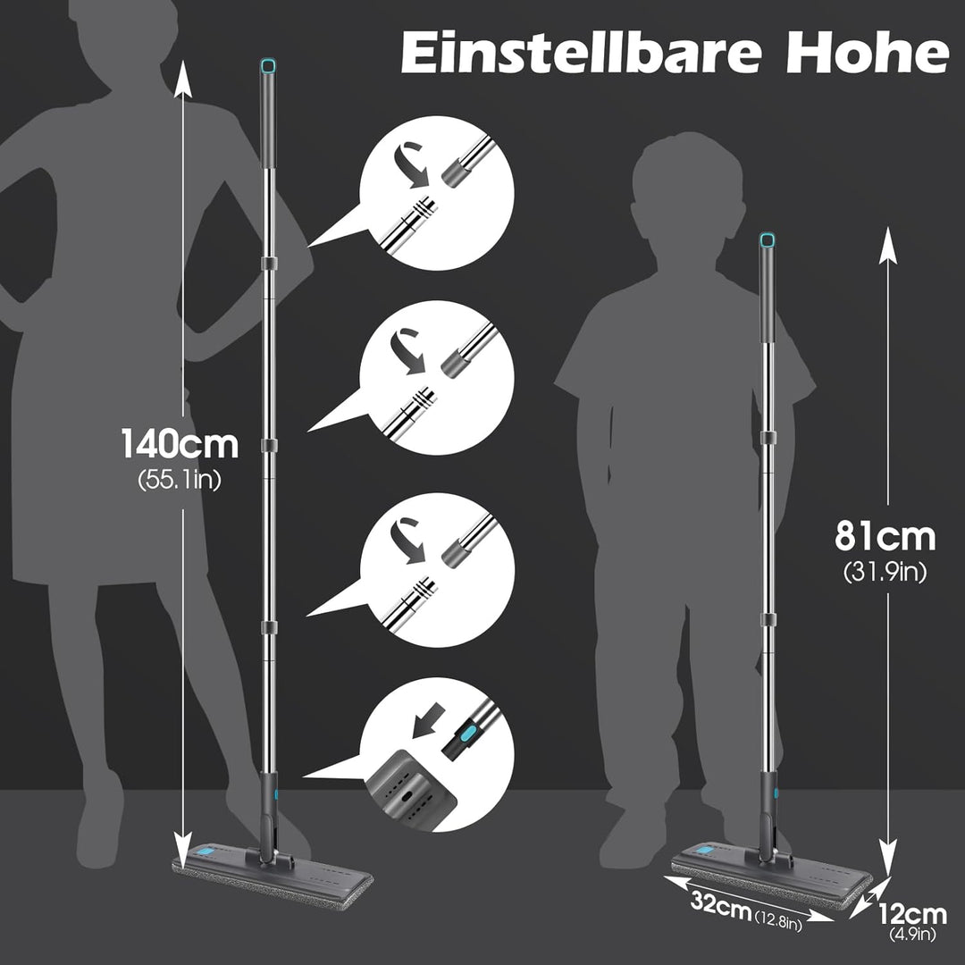 MASTERTOP Bodenwischer Set mit Eimer, Flacher Wischmopp mit 6 Mikrofaser Pads für Nass-Trockennutzun