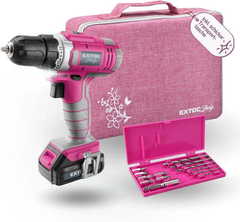 Extol Lady Akkubohrschrauber, Pink, 12V Li-Ion, 1300mAh, mit Transporttasche inkl. Zubehör von 6 Bit