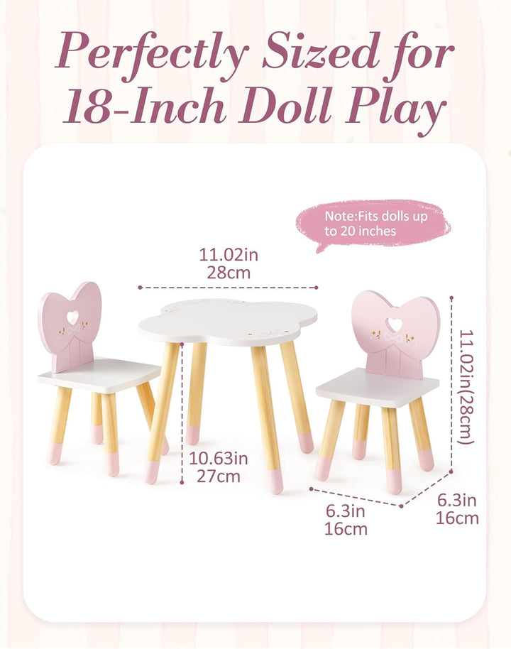 ROBOTIME Holz Puppen Küche Esstisch und 2 Stühle Set, Puppen Esszimmer Set, Holz Puppenmöbel für 16-