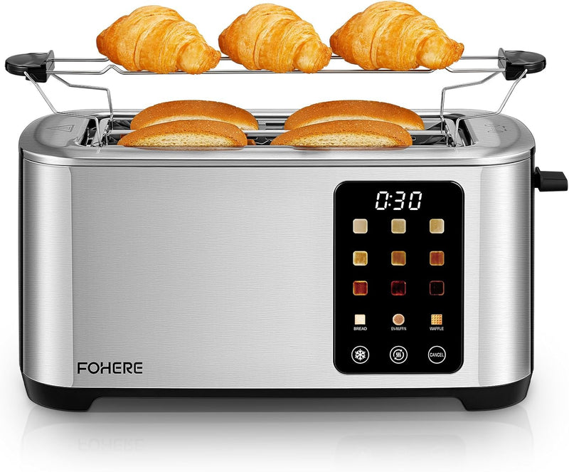 Toaster 4 Scheiben, Langschlitz Toaster, 1400W Edelstahl Toaster, 9 Farbeinstellungen und 3 Brotsort