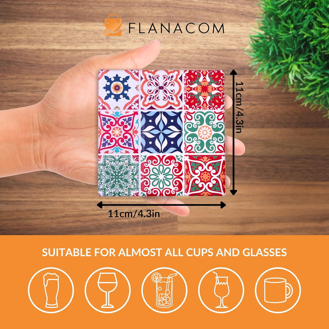 Flanacom Boho Design Untersetzer 6er Set – Dekorative Keramik Untersetzer für Glas, Tassen, Vasen, K
