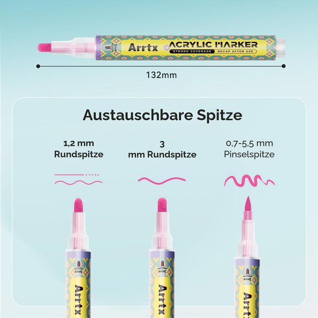 Arrtx 72 Farben Acrylfarben-Stifte, 3mm mittlere Spitze Farbmarker, ungiftig, 86 weiche Spitzen & 8